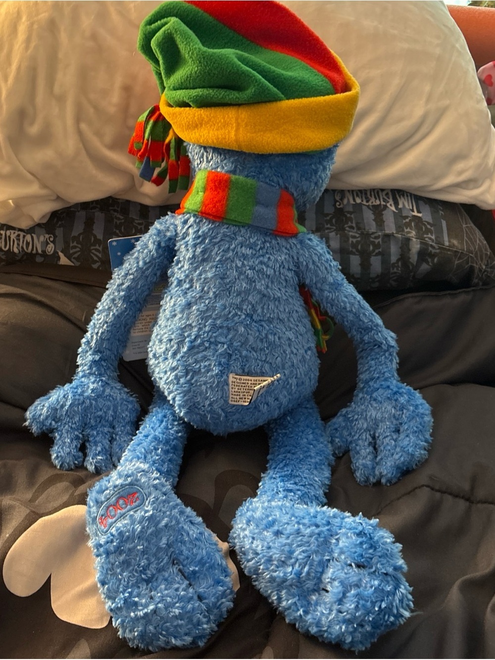 Macy's Blue Grover Plush with Red & Green Holiday Hat and Striped Scarf - Picture 6 of 10